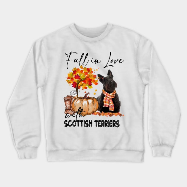 Fall In Love With Scottish Terriers Fall Pumpkin Thanksgiving Crewneck Sweatshirt by Red and Black Floral